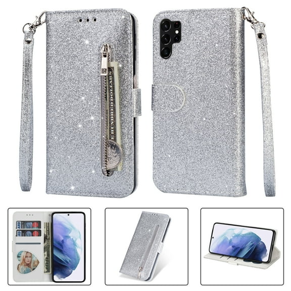 TECH CIRCLE for Samsung Galaxy S24 Ultra Case, Zipper Wallet Pocket Luxury Glitter Flip Kickstand Magnetic Card Slots Wrist Strap Protective Cover for Samsung Galaxy S24 Ultra Case 6.8" 2024,Silver