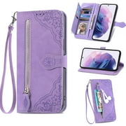 TECH CIRCLE Samsung Galaxy S24 Wallet Case,Embossed Flower PU Leather Folio Flip Protective Zipper Cover with Wrist Stra