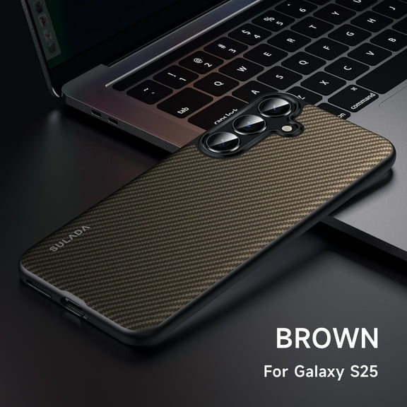 TECH CIRCLE for Samsung Galaxy S25 Hard PC Case,Ultra Slim Carbon Fiber Textured Case Magnetic Bracket Shell Scratch-Resistant Wireless Charging Compatible Shockproof Protection,Brown