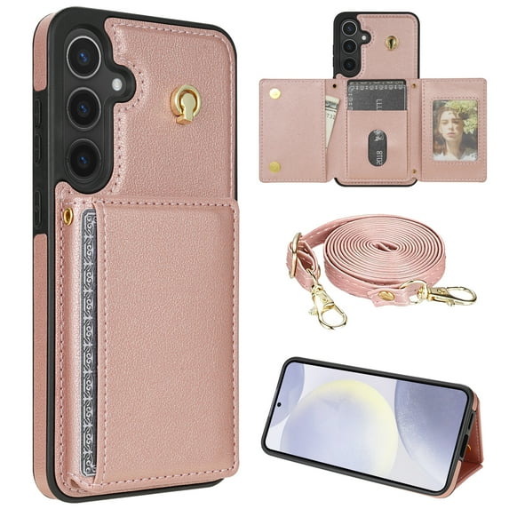 TECH CIRCLE for Samsung Galaxy S25 Wallet Case 6.2" 2025, Lightweight Cossbody Phone Case with RFID Blocking Flip Wallet, 5 Card Slots, PU Leather Protective Cute Cover with Shoulder Strap, Rosegold