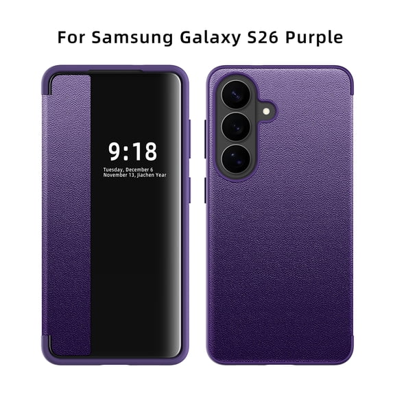 TECH CIRCLE for Samsung Galaxy S26 PU Leather+TPU Phone Case Slim Smart Window View 360 Degree Full Body Shockproof Rugged Anti-Scratch Protective Flip Folio Cover,Purple