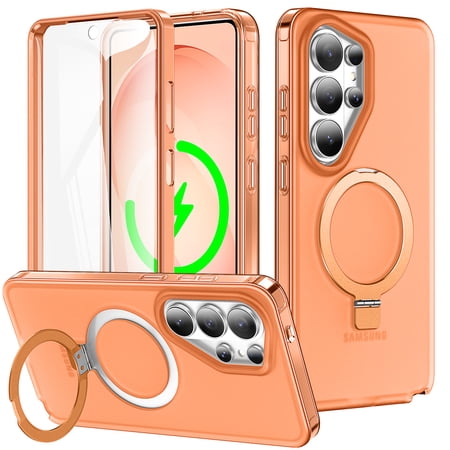 TECH CIRCLE for Samsung Galaxy S26 Ultra Magnetic Mag Safe Case with Invisible Metal Stand Built-in Screen Protector Rugged Shock-Resistant PC+TPU Cover,Orange