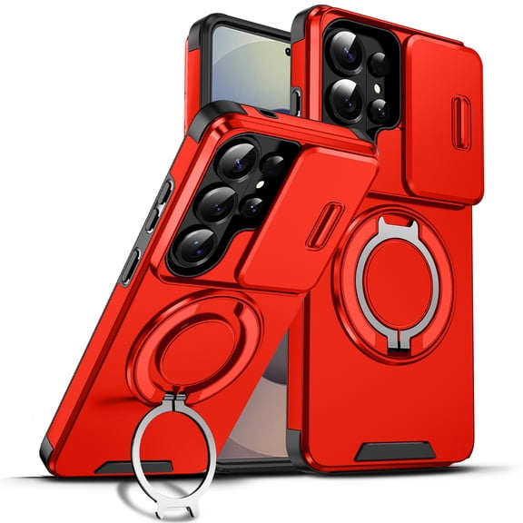 TECH CIRCLE for Samsung Galaxy S26 Ultra Slim Magnetic Matte PC Hybrid Case with 360° Rotate Kickstand & Slide Camera Lens Cover, Military Grade Drop Protection Heavy Duty Shockproof,Red