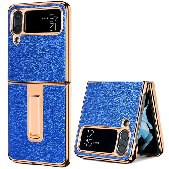 TECH CIRCLE for Samsung Galaxy Z Flip 3 2021 Case, Electroplate PU Leather Skin Foldable Bracket Stand Shell Slim Lightweight Shockroof Anti-fall Phone Cover for Galaxy Z Flip 3 6.7", Blue