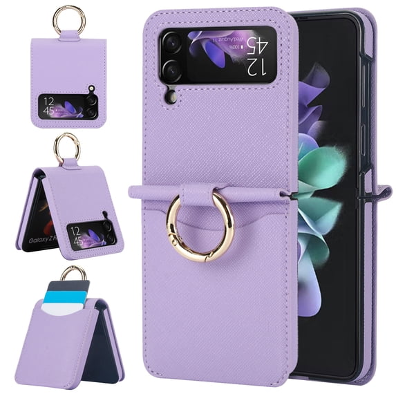 TECH CIRCLE for Samsung Galaxy Z Flip 3 Case with Card Slot Ring Holder,Premium PU Leather Back Cover All-Round Protection Protective Phone Case for Galaxy Z Flip 3 5G 6.7 inch 2021,Purple