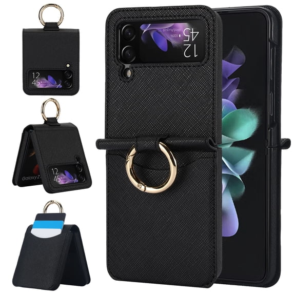 TECH CIRCLE for Samsung Galaxy Z Flip 3 Case with Card Slot Ring Holder,Premium PU Leather Back Cover All-Round Protection Protective Phone Case for Galaxy Z Flip 3 5G 6.7 inch 2021,Black