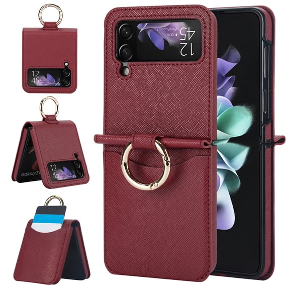 TECH CIRCLE for Samsung Galaxy Z Flip 3 Case with Card Slot Ring Holder,Premium PU Leather Back Cover All-Round Protection Protective Phone Case for Galaxy Z Flip 3 5G 6.7 inch 2021,Winered