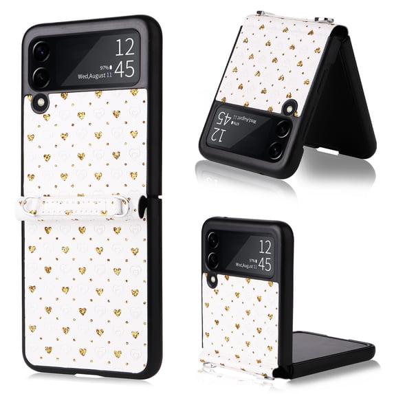 TECH CIRCLE for Samsung Galaxy Z Flip 3 Case,Heart Pattern Leather Soft TPU Bumper Ultra-Thin Cover with Long Shoulder Strap for Samsung Galaxy Z Flip 3 5G 2021, Gold