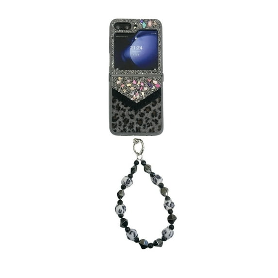 TECH CIRCLE for Samsung Galaxy Z Flip 4 Phone Case, Bling Glitter Leopards Print Slim Lightweight Case Hard PC Girly Women Cover with Wrist Strap for Galaxy Z Flip 4 6.7" 2022,Black