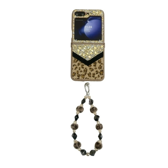 TECH CIRCLE for Samsung Galaxy Z Flip 4 Phone Case, Bling Glitter Leopards Print Slim Lightweight Case Hard PC Girly Women Cover with Wrist Strap for Galaxy Z Flip 4 6.7" 2022,Gold