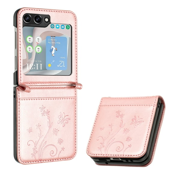 TECH CIRCLE for Samsung Galaxy Z Flip 5 Case 6.7" 2023, PU Leather Protective Phone Case with Credit Card Holder Slot, Lightweight Durable Cute Butterfly Cover with Lanyard for Women Men, Rosegold