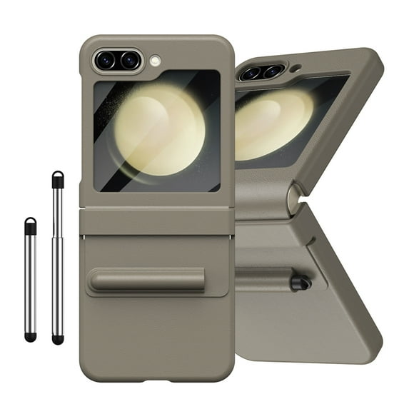 TECH CIRCLE for Samsung Galaxy Z Flip 5 Case with Built-in Front Screen Protector, PU Leather Hinge Protector Shockproof Full Body Protective Case with Free Stylus/Pen Holder for Galaxy Z Flip 5,Brown