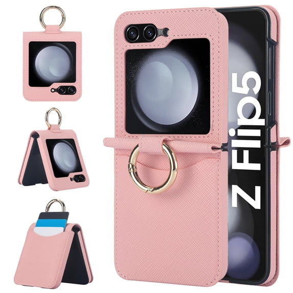 TECH CIRCLE for Samsung Galaxy Z Flip 5 Case with Card Slot Ring Holder,Premium PU Leather Back Cover All-Round Protection Protective Phone Case for Galaxy Z Flip 5 5G,Pink