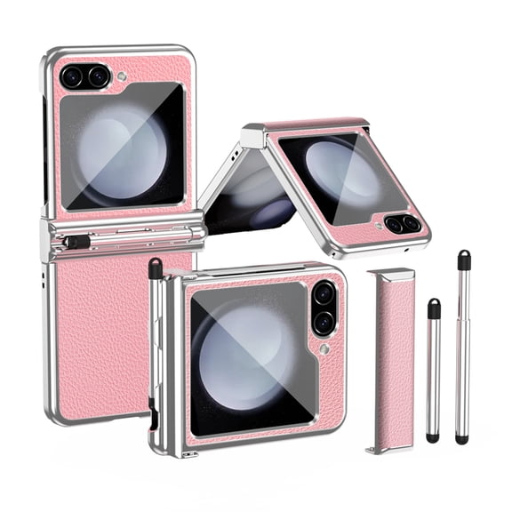 TECH CIRCLE for Samsung Galaxy Z Flip 5 Case with Pen Holder,Slim Plating Hybrid Shockproof Hinge Protector PU Leather Case with Stylus for Samsung Galaxy Z Flip 5 6.7 inch 2023,Silver + Pink