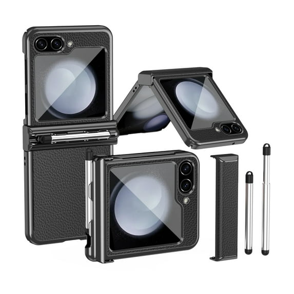 TECH CIRCLE for Samsung Galaxy Z Flip 5 Case with Pen Holder,Slim Plating Hybrid Shockproof Hinge Protector PU Leather Case with Stylus for Samsung Galaxy Z Flip 5 6.7 inch 2023,Black
