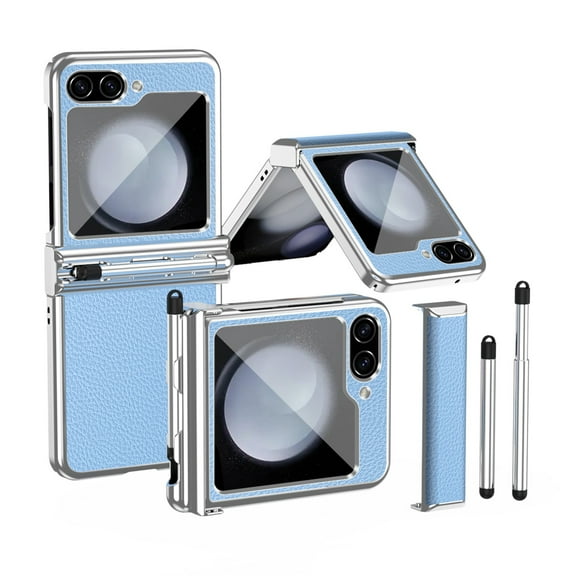 TECH CIRCLE for Samsung Galaxy Z Flip 5 Case with Pen Holder,Slim Plating Hybrid Shockproof Hinge Protector PU Leather Case with Stylus for Samsung Galaxy Z Flip 5 6.7 inch 2023,Silver + Blue