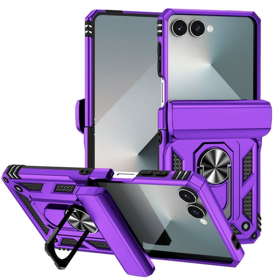 TECH CIRCLE for Samsung Galaxy Z Flip 5 PC+TPU Hybrid Case with Slide Camera Lens Cover, Military-Grade Magnetic Ring Car Mount Holder Kickstand Dual Layer Shockproof Protective Cover,Purple
