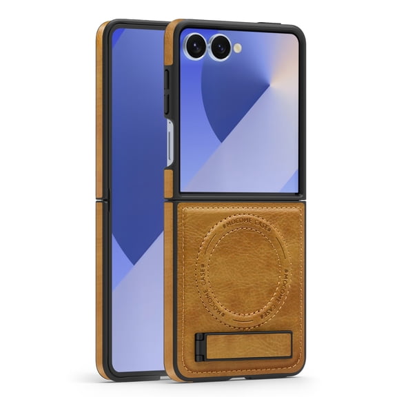 TECH CIRCLE for Samsung Galaxy Z Flip 5 PU Leather Magnetic Case 【Compatible with Magsafe】 Wireless Charging Cover PC+TPU Stand Funda para Rugged Anti-Slip Shockproof Protection Cover,Brown