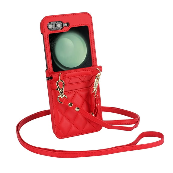 TECH CIRCLE for Samsung Galaxy Z Flip 5 Wallet Case, PU Leather Protective Cover Card Slot Shoulder Wristlet Strap Hinge Protection Carrying Handbag Phone Case for Women Ladies,Red