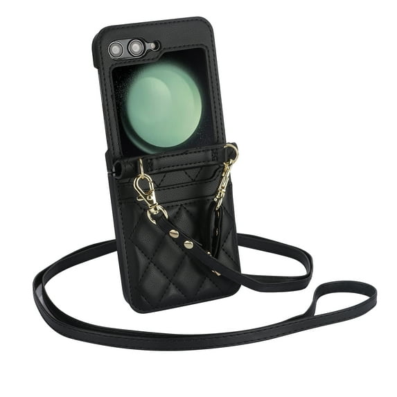 TECH CIRCLE for Samsung Galaxy Z Flip 5 Wallet Case, PU Leather Protective Cover Card Slot Shoulder Wristlet Strap Hinge Protection Carrying Handbag Phone Case for Women Ladies,Black