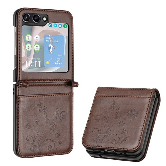 TECH CIRCLE for Samsung Galaxy Z Flip 6 Case 6.7" 2024, PU Leather Protective Phone Case with Credit Card Holder Slot, Lightweight Durable Cute Butterfly Cover with Lanyard for Women Men, Brown