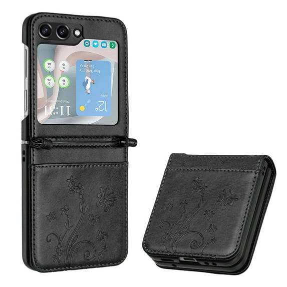 TECH CIRCLE for Samsung Galaxy Z Flip 6 Case 6.7" 2024, PU Leather Protective Phone Case with Credit Card Holder Slot, Lightweight Durable Cute Butterfly Cover with Lanyard for Women Men, Black