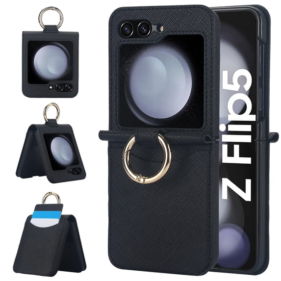 TECH CIRCLE for Samsung Galaxy Z Flip 6 Case with Card Slot Ring Holder,Premium PU Leather Back Cover All-Round Protection Protective Phone Case for Galaxy Z Flip 6 5G,Black