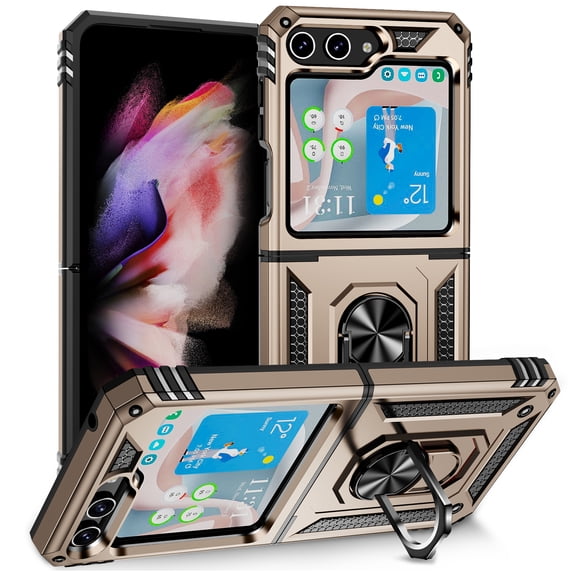 TECH CIRCLE for Samsung Galaxy Z Flip 6 Case, Heavy Duty Shockproof Full Body Protective Phone Cover Built in Rotatable Magnetic Ring Holder Kickstand For Galaxy Z Flip 6 6.7 inch 2024,Gold