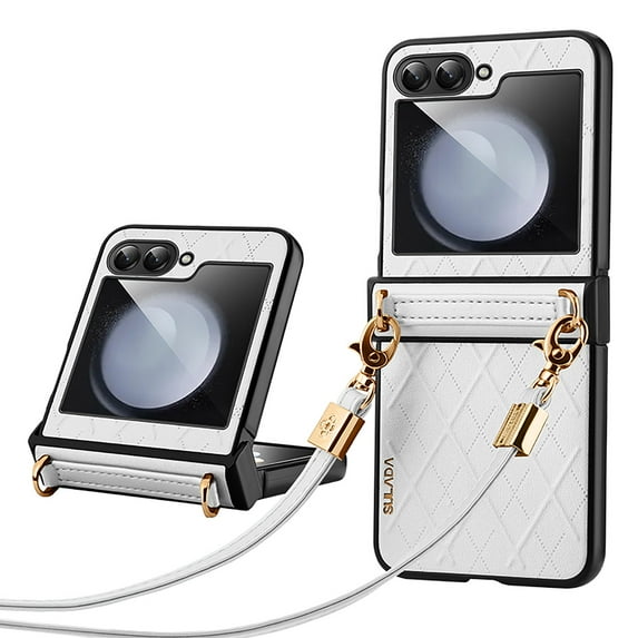 TECH CIRCLE for Samsung Galaxy Z Flip 6 Case, Luxury PU Leather Crossbody Case with Lanyard Shoulder Strap Slim Hinge Protection Shockproof Folding Cover for Samsung Galaxy Z Flip 6 2024,White