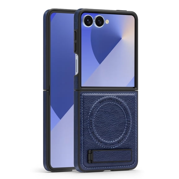 TECH CIRCLE for Samsung Galaxy Z Flip 6 PU Leather Magnetic Case 【Compatible with Magsafe】 Wireless Charging Cover PC+TPU Stand Funda para Rugged Anti-Slip Shockproof Protection Cover,Blue