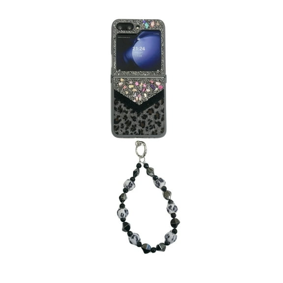 TECH CIRCLE for Samsung Galaxy Z Flip 6 Phone Case, Bling Glitter Leopards Print Slim Lightweight Case Hard PC Girly Women Cover with Wrist Strap for Galaxy Z Flip 6 6.7" 2024,Black