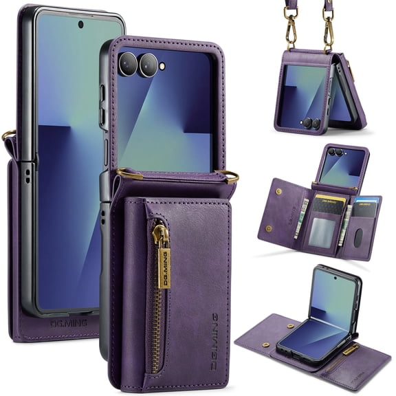 TECH CIRCLE for Samsung Galaxy Z Flip 7 Leather Cash Slot Magnetic Wallet Case Credit Card Slot Upgraded Zipper Pocket Design Shockproof Anti-Scratch TPU Flip Stand,Purple