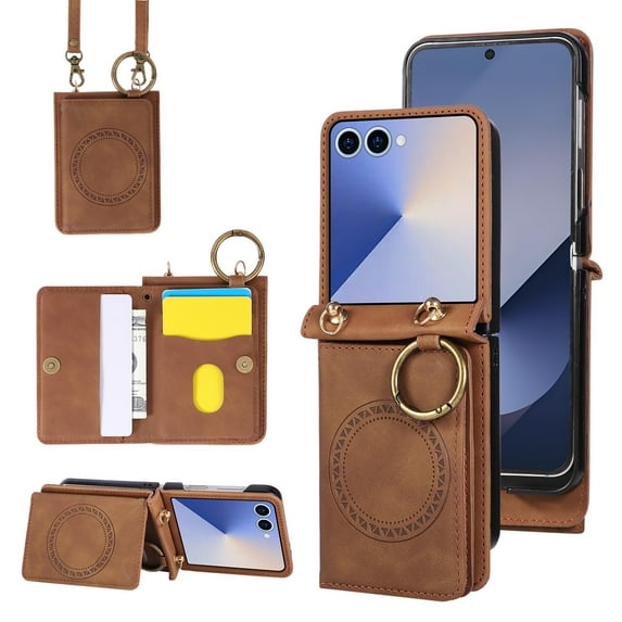 TECH CIRCLE for Samsung Galaxy Z Flip 7 Magnetic PU Leather Carry Case with Shoulder Strap, Kickstand,Lightweight Shockproof Wallet with Card Slot, Anti-Scratch Anti-Fingerprint,Brown