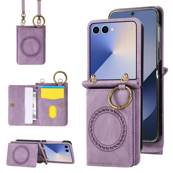 TECH CIRCLE for Samsung Galaxy Z Flip 7 Magnetic PU Leather Carry Case with Shoulder Strap, Kickstand,Lightweight Shockproof Wallet with Card Slot, Anti-Scratch Anti-Fingerprint,Purple