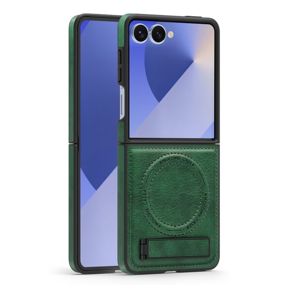 TECH CIRCLE for Samsung Galaxy Z Flip 7 PU Leather Magnetic Case 【Compatible with Magsafe】 Wireless Charging Cover PC+TPU Stand Funda para Rugged Anti-Slip Shockproof Protection Cover,Darkgreen