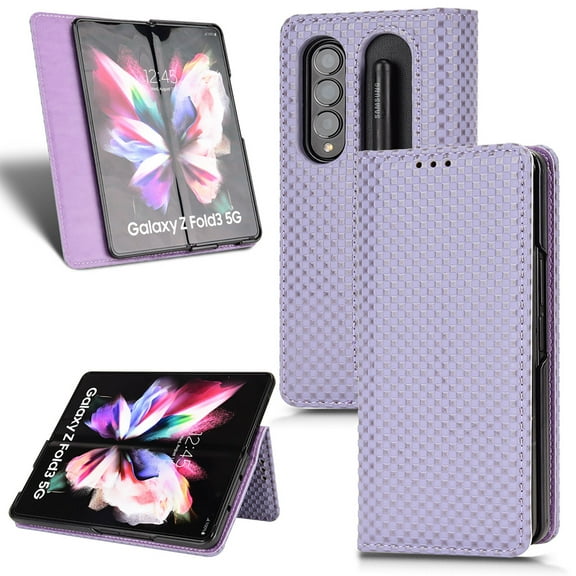 TECH CIRCLE Samsung Galaxy Z Fold 3 Case With S Pen Holder,PU Leather Folding Phone Cover for Men Women Magnetic Flip Kickstand Shockproof Cover for Samsung Galaxy Z Fold 3 5G 7.6 inch, Purple