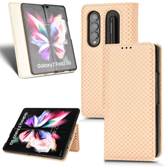 TECH CIRCLE Samsung Galaxy Z Fold 3 Case With S Pen Holder,PU Leather Folding Phone Cover for Men Women Magnetic Flip Kickstand Shockproof Cover for Samsung Galaxy Z Fold 3 5G 7.6 inch, Beige