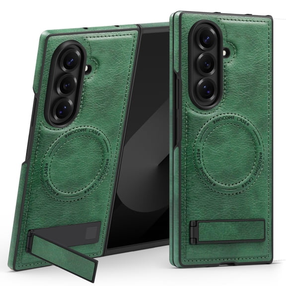 TECH CIRCLE for Samsung Galaxy Z Fold 3 PU Leather Magnetic Case 【Compatible with Magsafe】 Wireless Charging Cover PC+TPU Stand Funda para Rugged Anti-Slip Shockproof Protection Cover,Darkgreen
