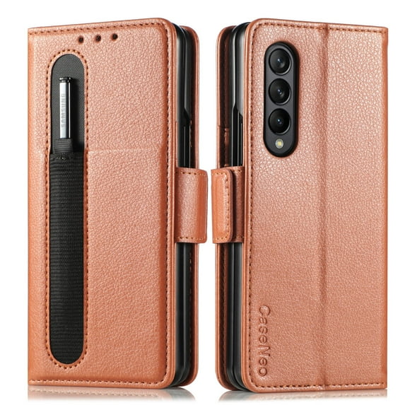 TECH CIRCLE for Samsung Galaxy Z Fold 4 Case, PU Leather Wallet Flip Book Case with S Pen Holder Kickstand RFID Blocking Credit Card Holder Shock-Absorbing Protective Case, Brown