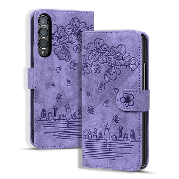 TECH CIRCLE For Samsung Galaxy Z Fold 4 Wallet Case,PU Leather Embossed Flower Folding Folio Case Cards Holder Anti-Scratch Shockproof Protective Bumper Cover For Samsung Galaxy Z Fold 4 2022,Purple