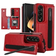 TECH CIRCLE for Samsung Galaxy Z Fold 4 Wallet Case with S Pen Holder, PU Leather Case with Card Slot Double Magnetic Clasp Kickstand Shockproof Protective Cover for Galaxy Z Fold 4 5G 2022,Red