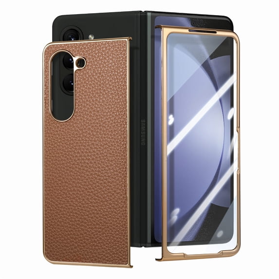 TECH CIRCLE for Samsung Galaxy Z Fold 5 Case,Slim Fit PU Leather Protective Case with Tempered Glass Screen Protector Shockproof Anti-Scratch Phone Case for Galaxy Z Fold 5 2023 7.6", Brown