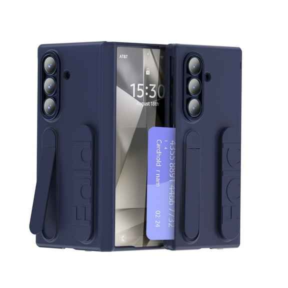 TECH CIRCLE For Samsung Galaxy Z Fold 5 PC+TPU Case + Tempered Glass, Built-in Grip Ring Wristband Stand, Credit Card Slot,Full Body Anti-Scratch, Anti-Fingerprint Hinge Protection,Blue