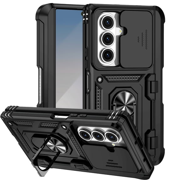 TECH CIRCLE for Samsung Galaxy Z Fold 5 PC+TPU Hybrid Case with Slide Camera Lens Cover, Military-Grade Magnetic Ring Car Mount Holder Kickstand Dual Layer Shockproof Protective Cover,Black