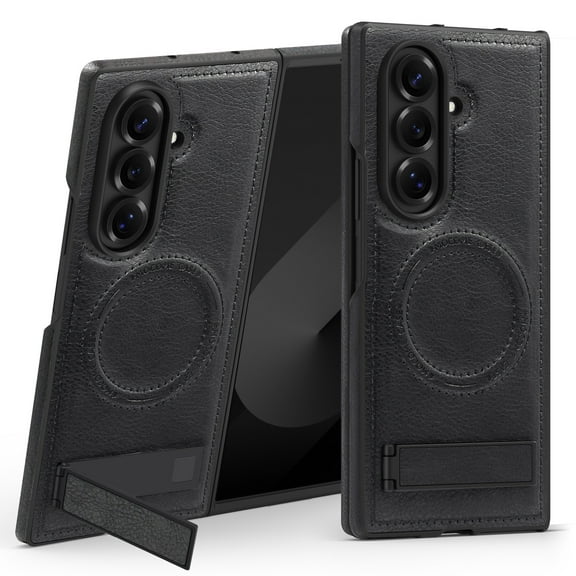 TECH CIRCLE for Samsung Galaxy Z Fold 5 PU Leather Magnetic Case 【Compatible with Magsafe】 Wireless Charging Cover PC+TPU Stand Funda para Rugged Anti-Slip Shockproof Protection Cover,Black
