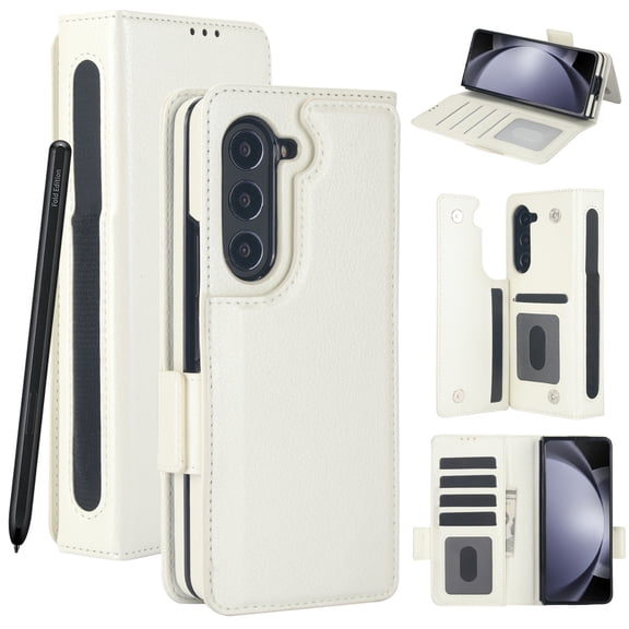 TECH CIRCLE for Samsung Galaxy Z Fold 5 Wallet Case with RFID Shielding Card Holder & S Pen Holder, PU Leather Flip Case with Magnetic Clasp Kickstand Heavy Duty Rugged Wallet Cover,White