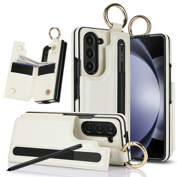TECH CIRCLE for Samsung Galaxy Z Fold 5 Wallet Case with S-Pen Holder and Card Holder Cash Slot, Premium Leather Magnetic Clasp Kickstand Heavy Duty Ring Protective Cover,White