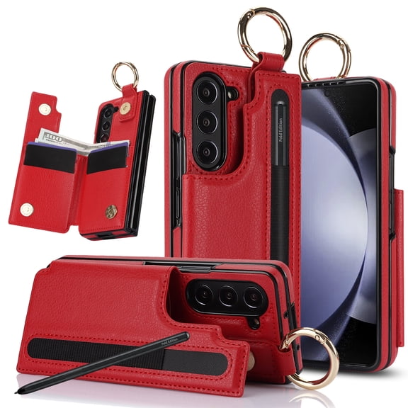 TECH CIRCLE for Samsung Galaxy Z Fold 5 Wallet Case with S-Pen Holder and Card Holder Cash Slot, Premium Leather Magnetic Clasp Kickstand Heavy Duty Ring Protective Cover,Red