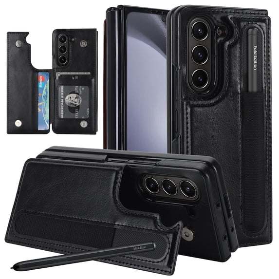 TECH CIRCLE for Samsung Galaxy Z Fold 5 Wallet Case with S Pen Holder, PU Leather Case with Card Slot Double Magnetic Clasp Kickstand Shockproof Protective Cover for Galaxy Z Fold 5 5G 2023,Black