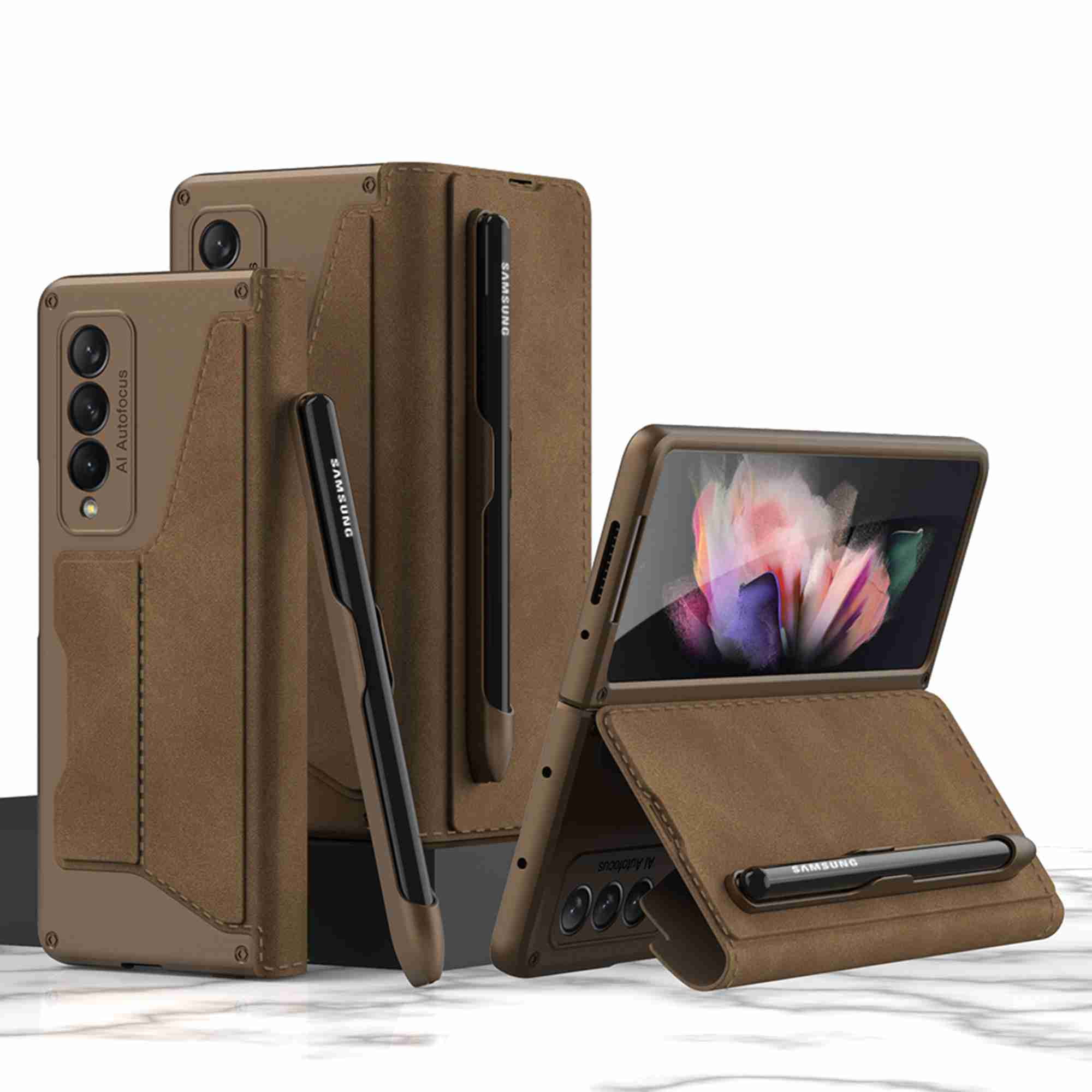 TECH CIRCLE For Samsung Galaxy Z Fold 6 5G Case, Slim Fit Luxury PU Leather Removable S Pen Holder Kickstand Protective Flip Wallet Case For Samsung Galaxy Z Fold 6 5G,Brown